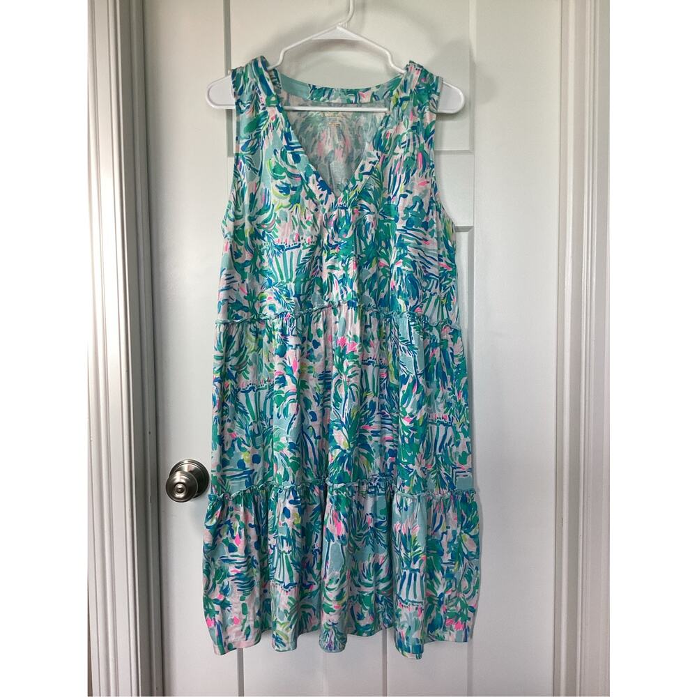 Lilly Pulitzer Blue green Large Lorian Sleeveless Ruffle Dress vacation resort - Picture 2 of 10